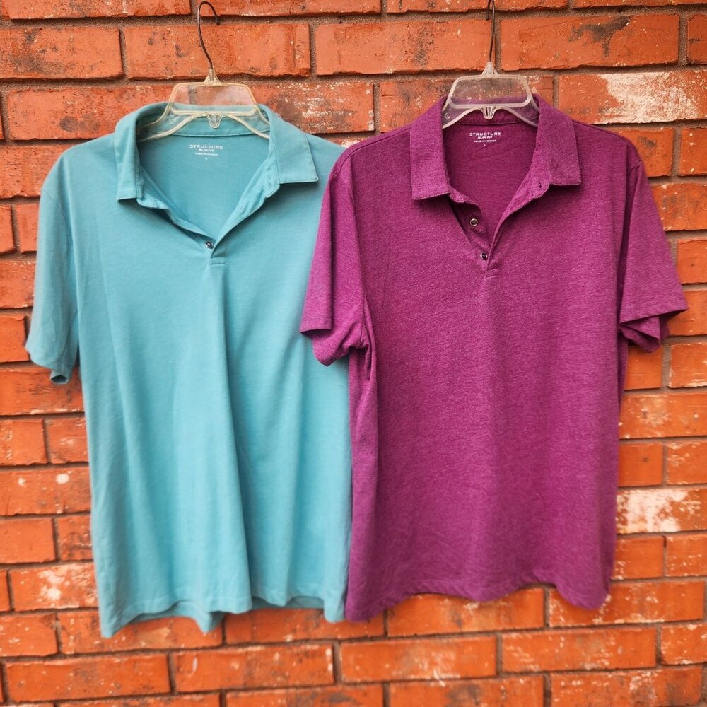 Structure Slim Fit Polo Shirts Set Of 2 In Purple & Teal